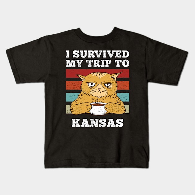 I Survived My Trip To Kansas Vintage Tired Cat Coffee Kids T-Shirt by plainlyfashion